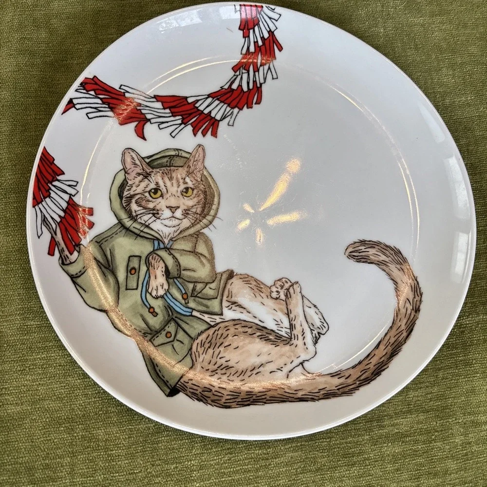 West Elm Rachel Kozlowski Dapper Animal Holiday‎ Cat Set Of 2 Salad Plates 8.5